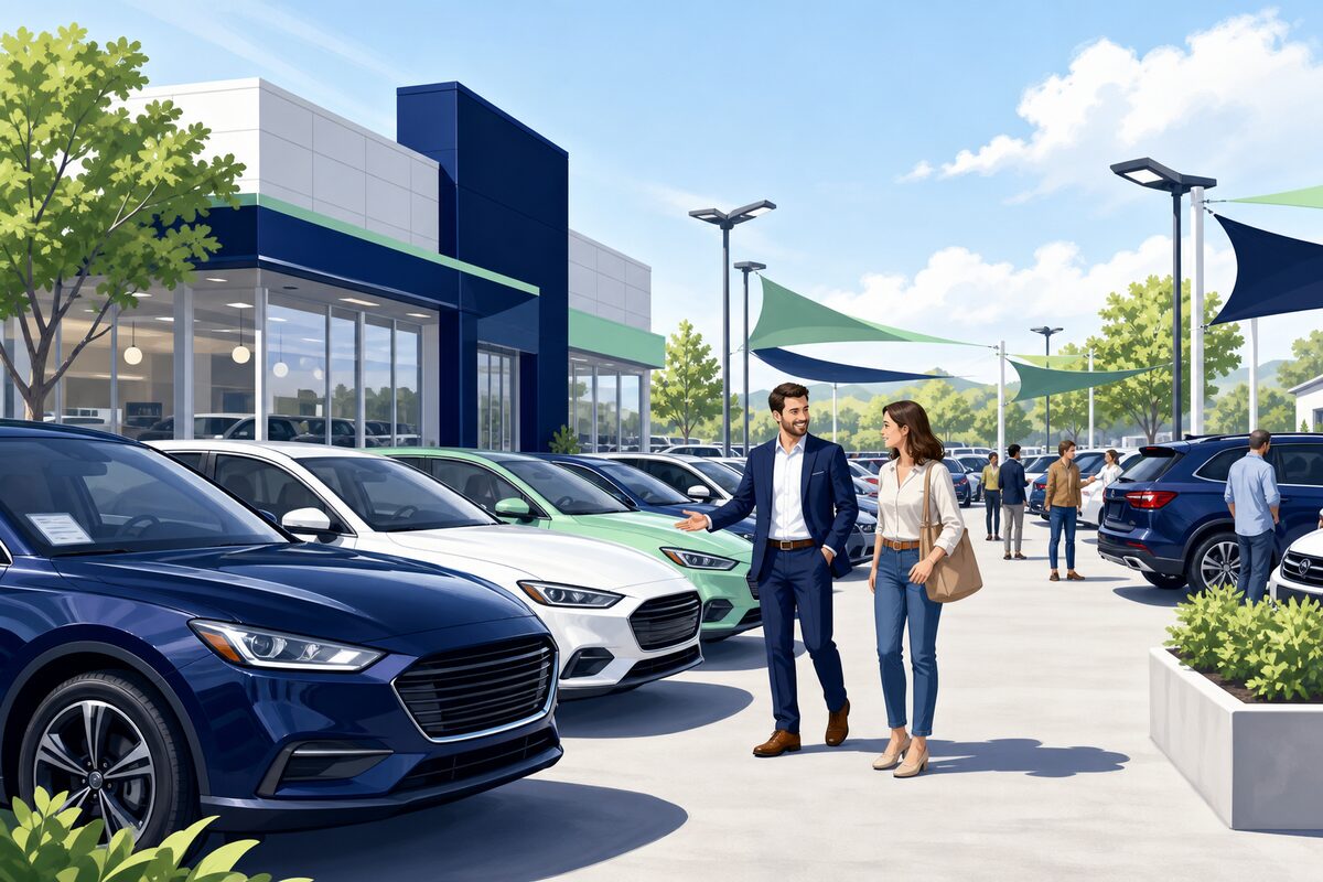 A car lot with many vehicles parked and a clear dealership sign
